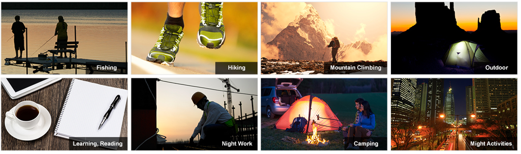 Fishing, Hiking, Mountain Climbing, Outdoor, Learning/Reading, Night Work, Camping, Night Activities